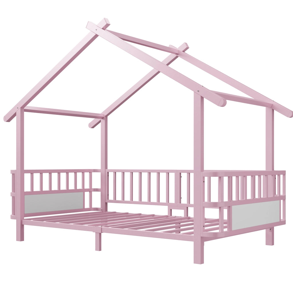 Letto per bambini in metallo a forma di casa 90 x 200 cm con sponde di sicurezza; rosa