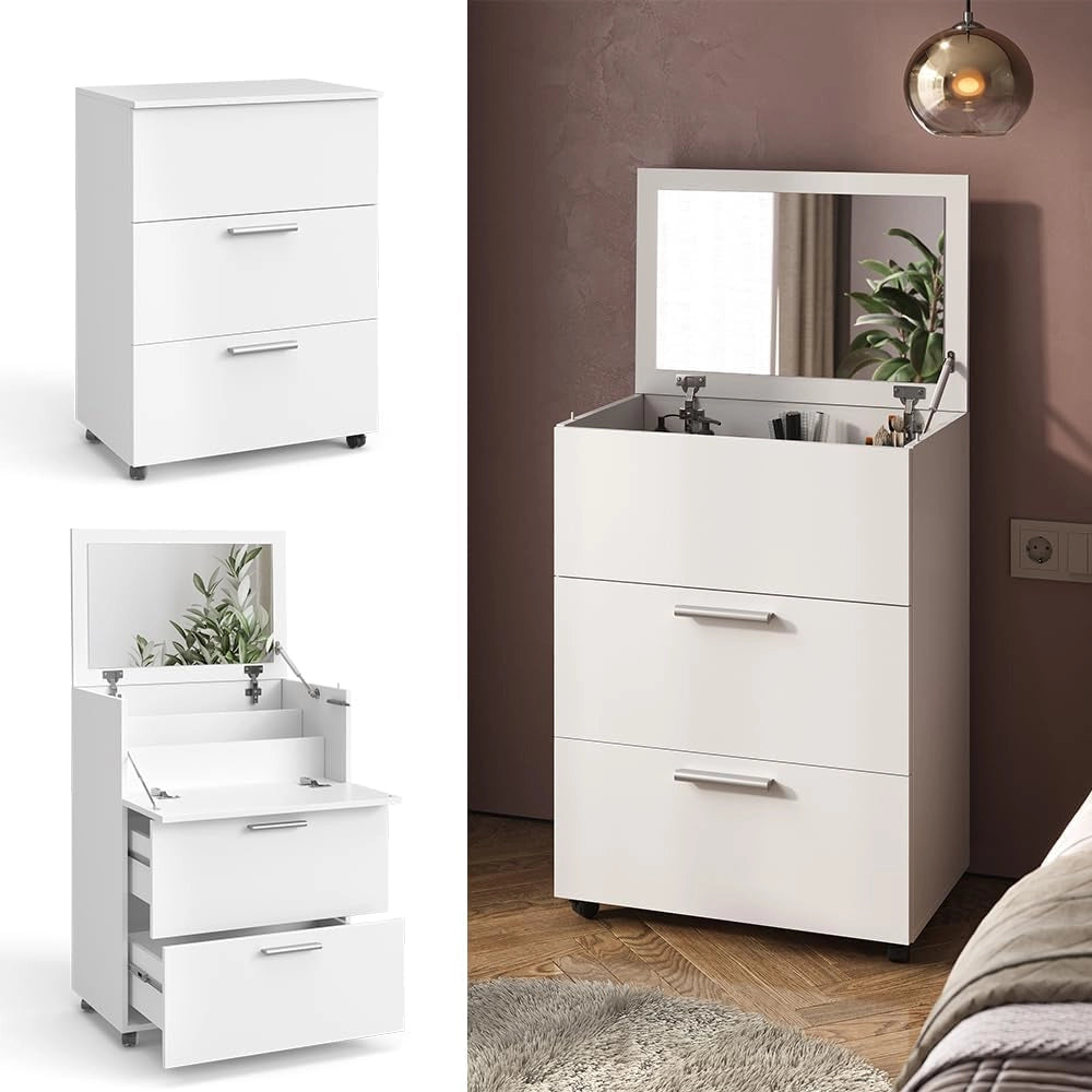 Tavolo da toeletta Hanna, Bianco, 65.8 cm con 2 cassetti, con specchio ribaltabile per l’uso come toeletta o cassettiera