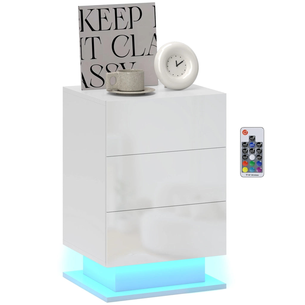 Comodino Moderno con Luce LED e 3 Cassetti ¨C Zephmum ¨C Bianco Lucido 40x35x60 cm