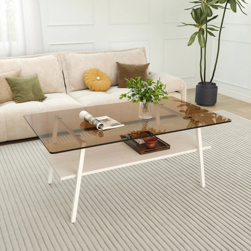 Tavolino basso rettangolare in vetro temperato con gambe in metallo bianco e base in MDF, per soggiorno, 98 × 58 × 42,5 cm