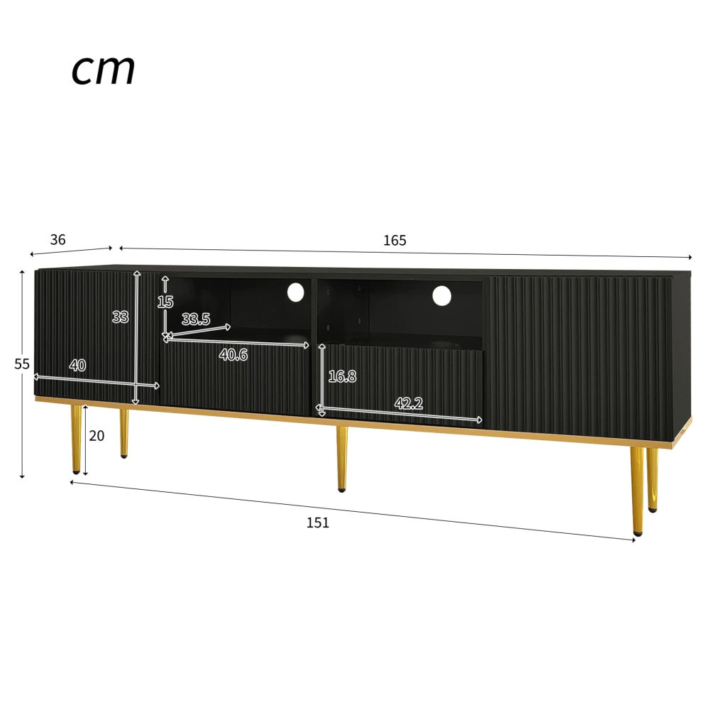 Mobile TV 165x36x55 cm; 2 vani e 2 cassetti con apertura a pressione; pannello truciolare nero e oro