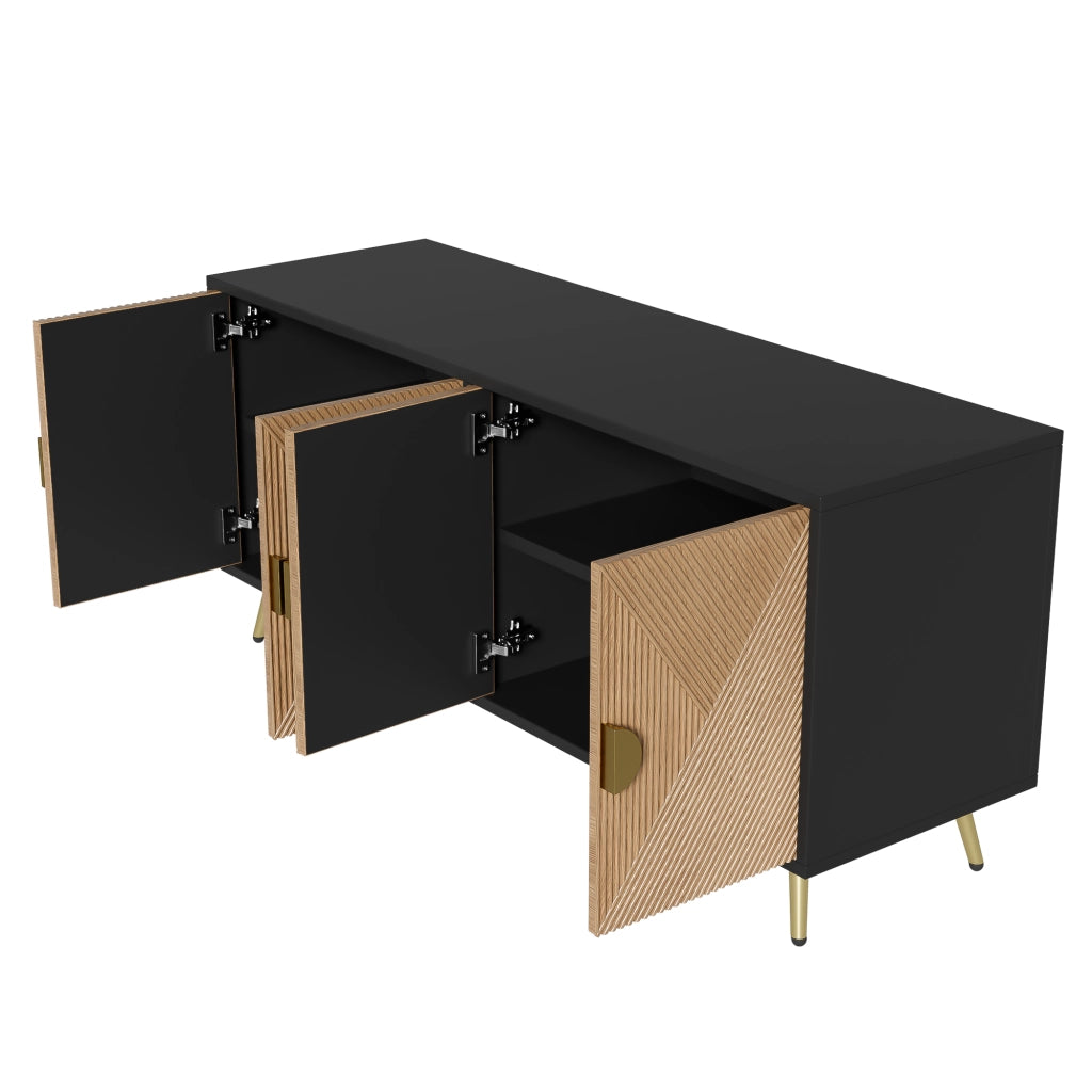 Credenza 160 cm a 4 ante in MDF e PB, nero e effetto legno, con maniglie oro spazzolato e chiusura soft-close