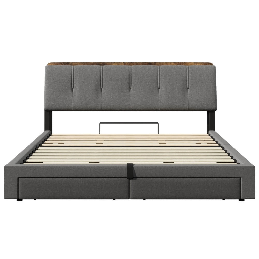 Letto Imbottito Contenitore 180x200 con LED ¨C MINIMAL ¨C Grigio, Tessuto Lino, Idraulico