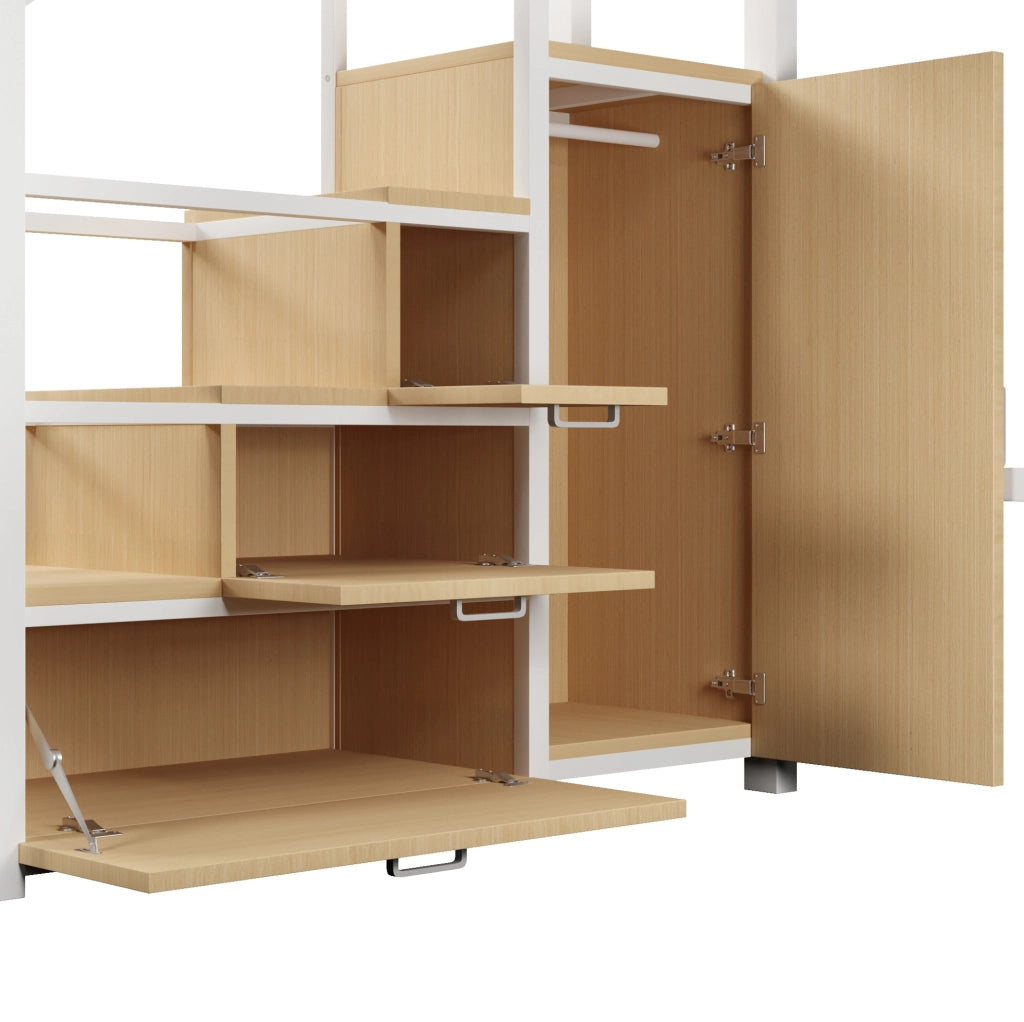 Letto a soppalco 140x200 cm in metallo e MDF con armadio; vani contenitori e LED; bianco