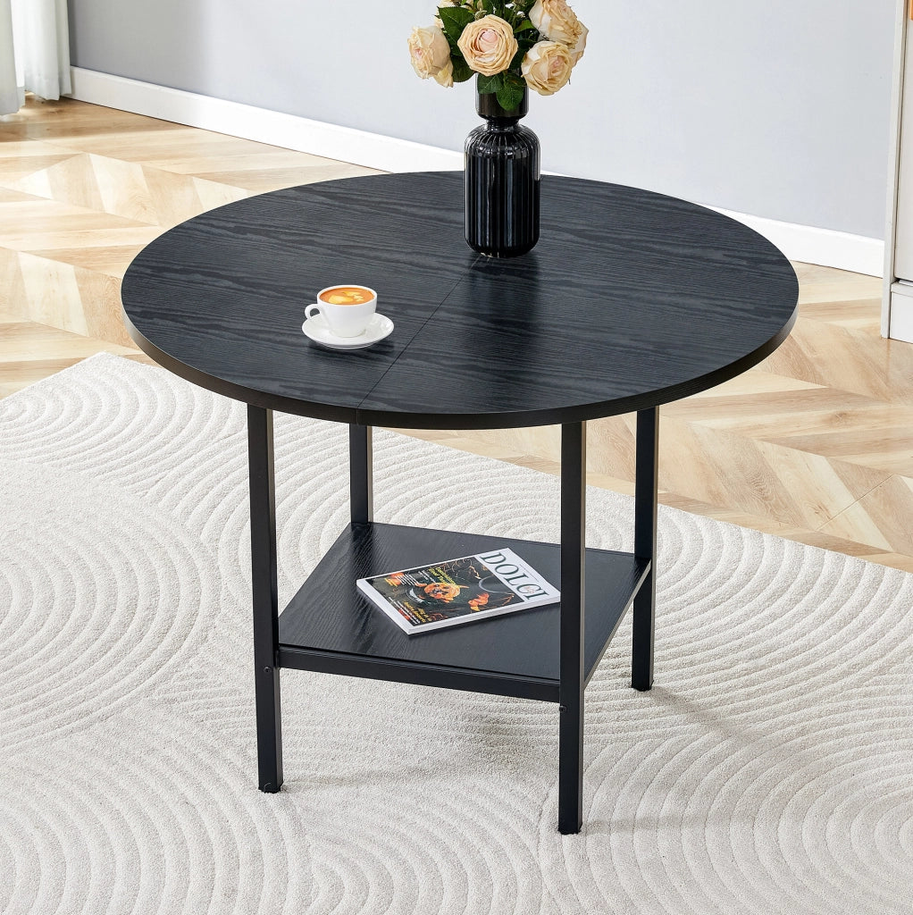 Tavolo da pranzo rotondo Ø100 cm nero con ripiano, MDF e metallo