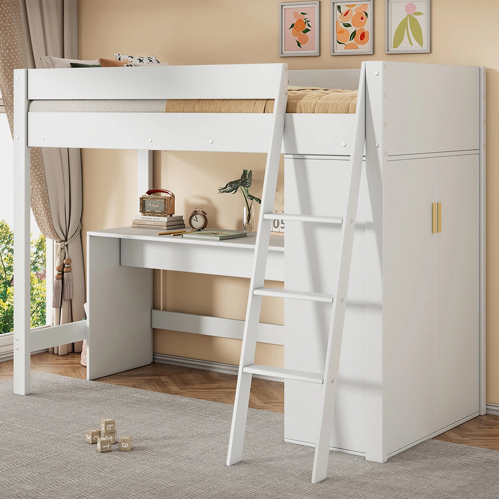 Letto a soppalco per bambini - Xylo - 90??200 cm - Bianco - Scrivania e armadio combinabili