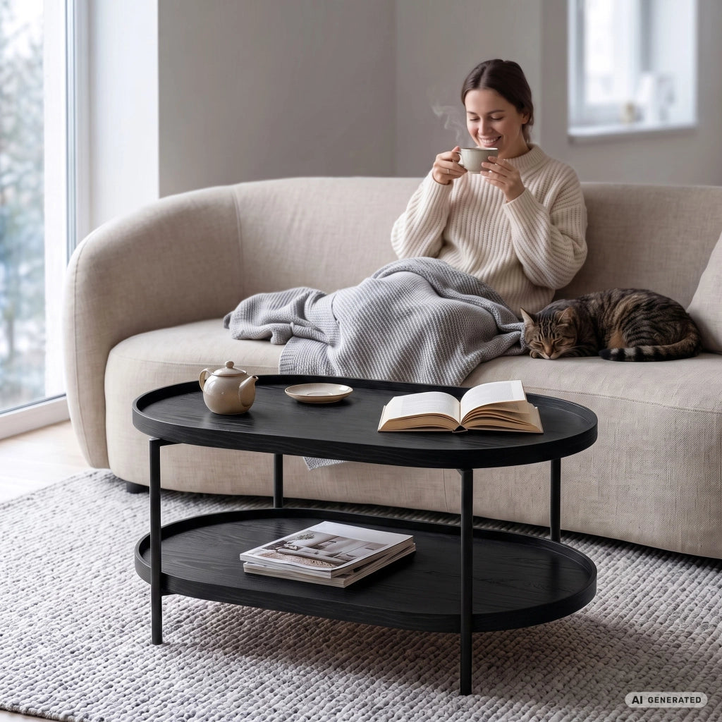 Tavolino da salotto stile loft CORTADO 90 cm ovale con ripiano nero gambe nere