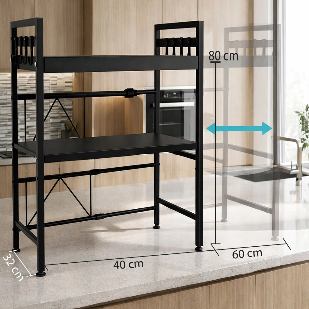 Scaffale Porta Microonde Allungabile 2 Ripiani Mensola da Cucina in Metallo Nero