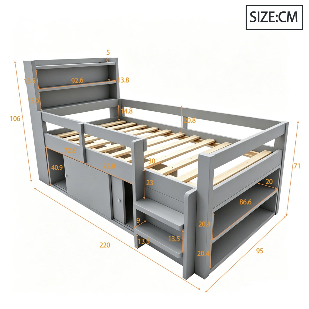 Letto a soppalco 90×200 cm; letto singolo con ripiani; LED; USB e sponde; senza materasso; legno; grigio