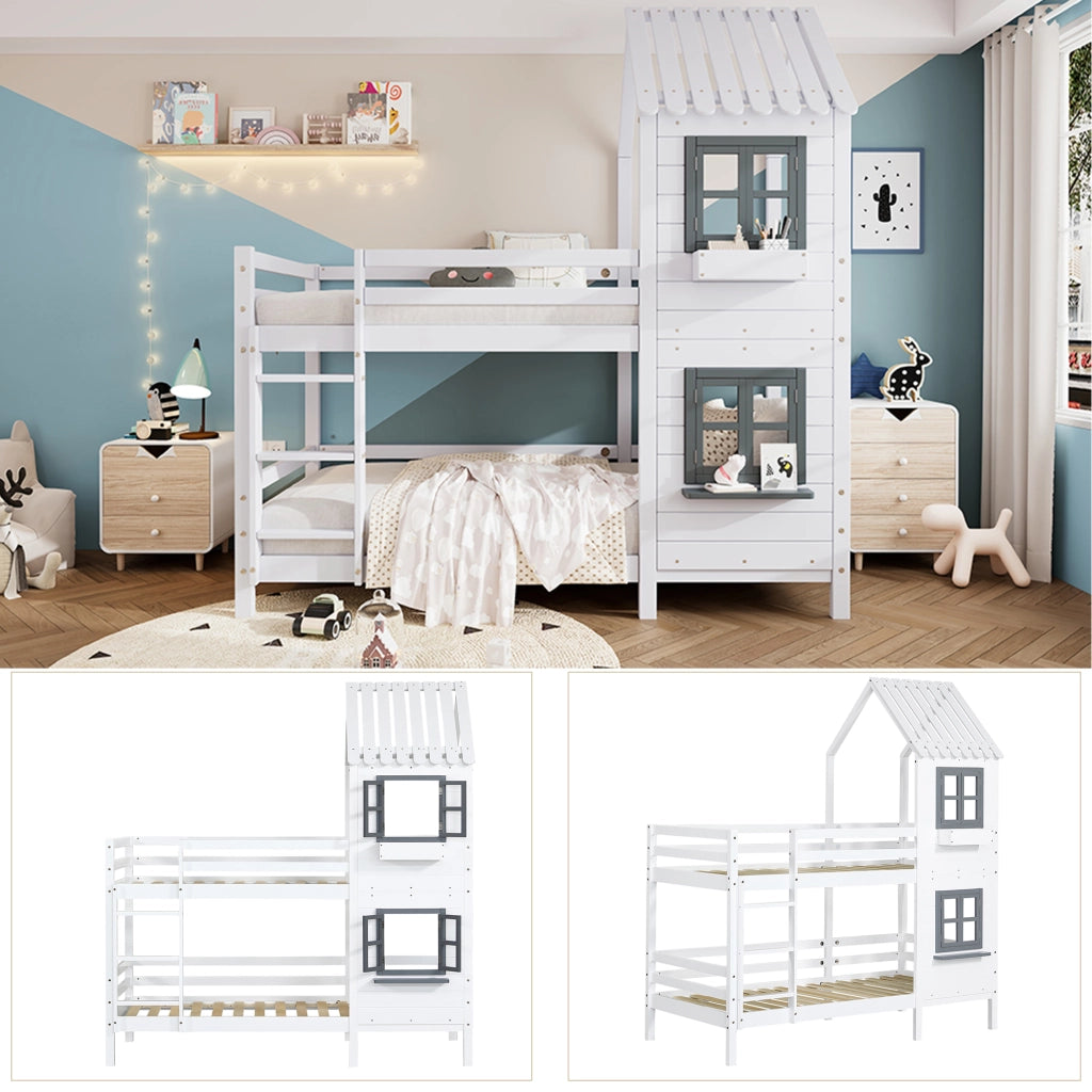 Letto a Castello 90x200 cm; 2 Posti - con Finestre; Sponda e Scalette - Bianco e Grigio