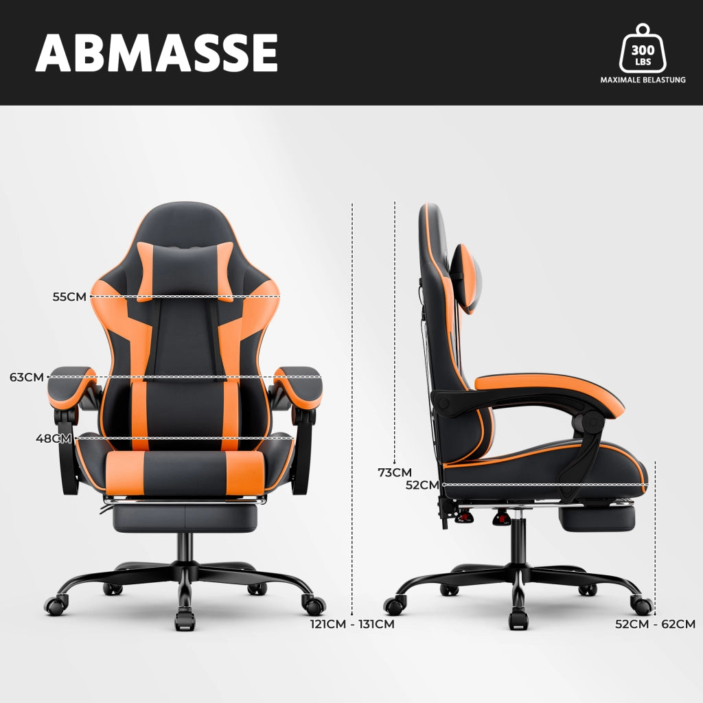 Sedia da ufficio ergonomica da gaming con supporto lombare, poggiatesta e braccioli sincronizzati in PVC arancione