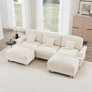 Divano modulare a U - Xylo - Chenille, stile classico, con pouf, bianco