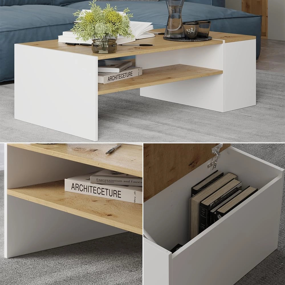 Tavolino da salotto Rubby, Rovere artigianale/bianco, 110 x 60 cm, con ripiano per la conservazione di riviste e accessori