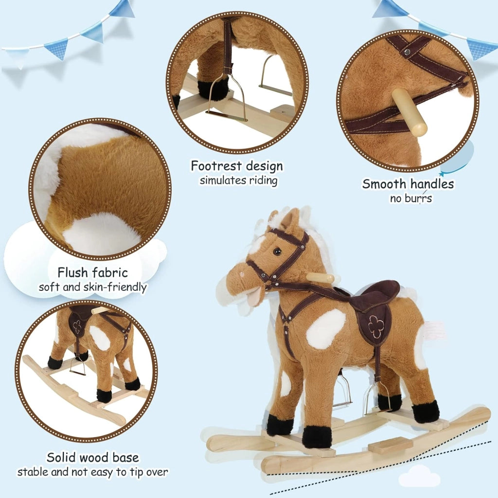 Cavallo a Dondolo in Legno per Bambini, Cavalluccio Cavalcabile in Peluche con Suoni, Giocattolo Regalo per Bimbi 1/2/3 Anni, Marrone e Bianco