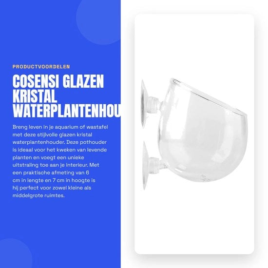 Pianta acquatica in vaso di vetro - Contenitore per piante vive - 2 clip - Accessori per acquario - Diametro ca. 6 cm/7 cm - Leggero - Vaso per piante acquatiche