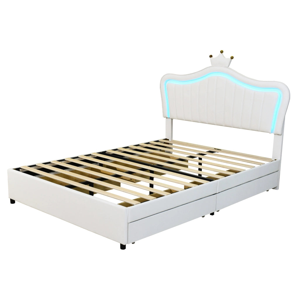 Letto imbottito 140x200 cm con cassetti contenitore; LED; PU bianco