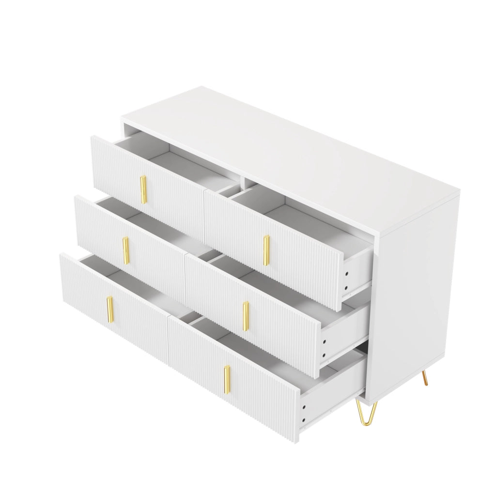 Credenza con 6 Cassetti; Frontale Ondulato; Maniglie e Gambe Dorate; Stile Moderno; in Pannello Truciolare; Bianco+Oro; 120??40??77 cm