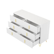 Credenza con 6 Cassetti; Frontale Ondulato; Maniglie e Gambe Dorate; Stile Moderno; in Pannello Truciolare; Bianco+Oro; 120??40??77 cm