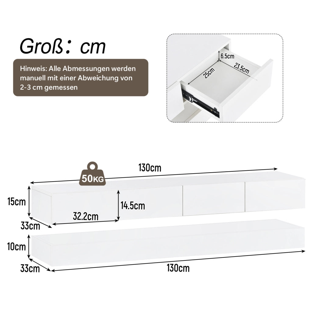 Mobile TV sospeso con LED controllabile da app, 4 cassetti, MDF bianco 130 cm