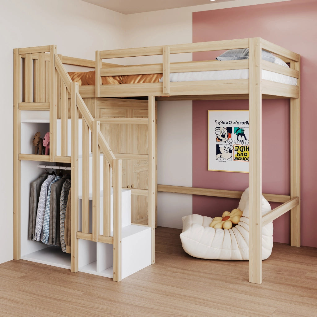 OKWISH Letto a Soppalco 90×200 cm, Letto Singolo con Scala Contenitore, Armadio e Barra Appendiabiti, senza Materasso, Legno Naturale