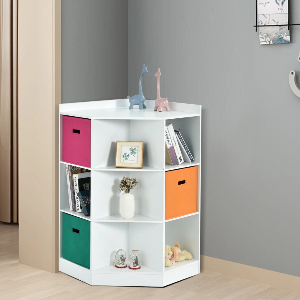 Armadio ad angolo con tre cestini colorati, Organizzatore in legno 81x61x94cm Bianco-Librerie