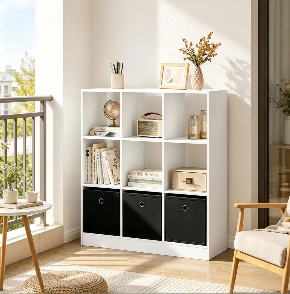 Libreria ULEVR 80x86,5x30 cm con vani a cubo e 3 cassetti in tessuto, bianco e nero