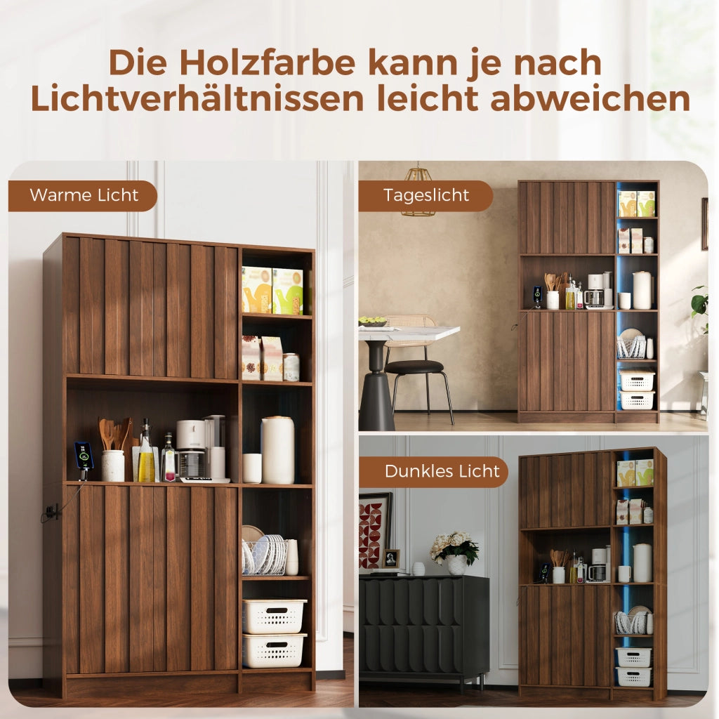 Mobile credenza da cucina con LED e presa elettrica, 2 ante e vani aperti per cucina e soggiorno, noce 105 × 40 × 180 cm