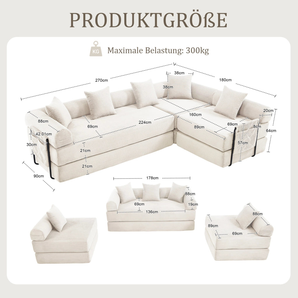 Divano modulare in velluto a coste beige 270x180x64 cm con tasca laterale e funzione letto