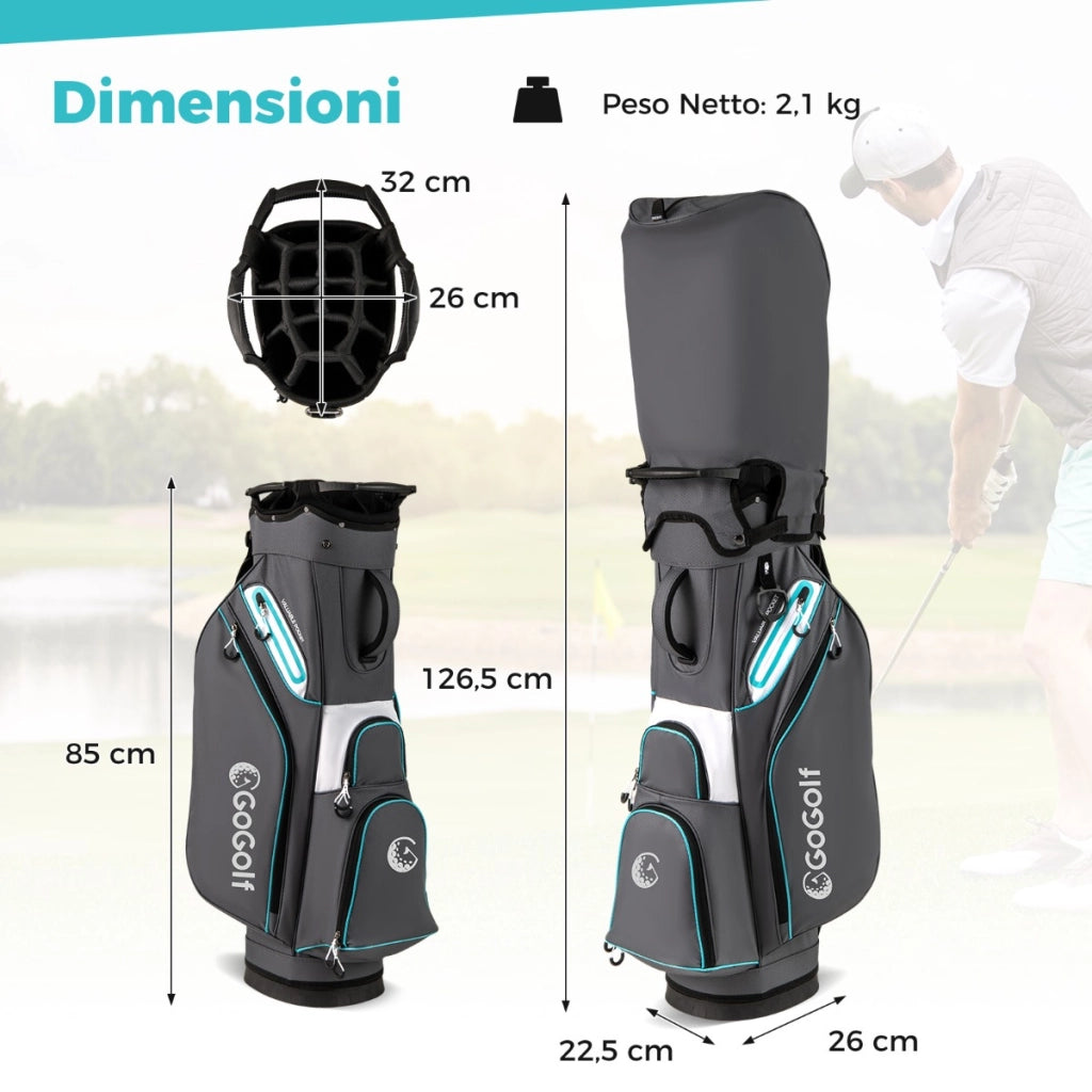 Organizzatore portatile per mazze da golf con tasca frigo per uomo e donna, Borsa da golf per carrello con 14 scomparti Grigio-Golf