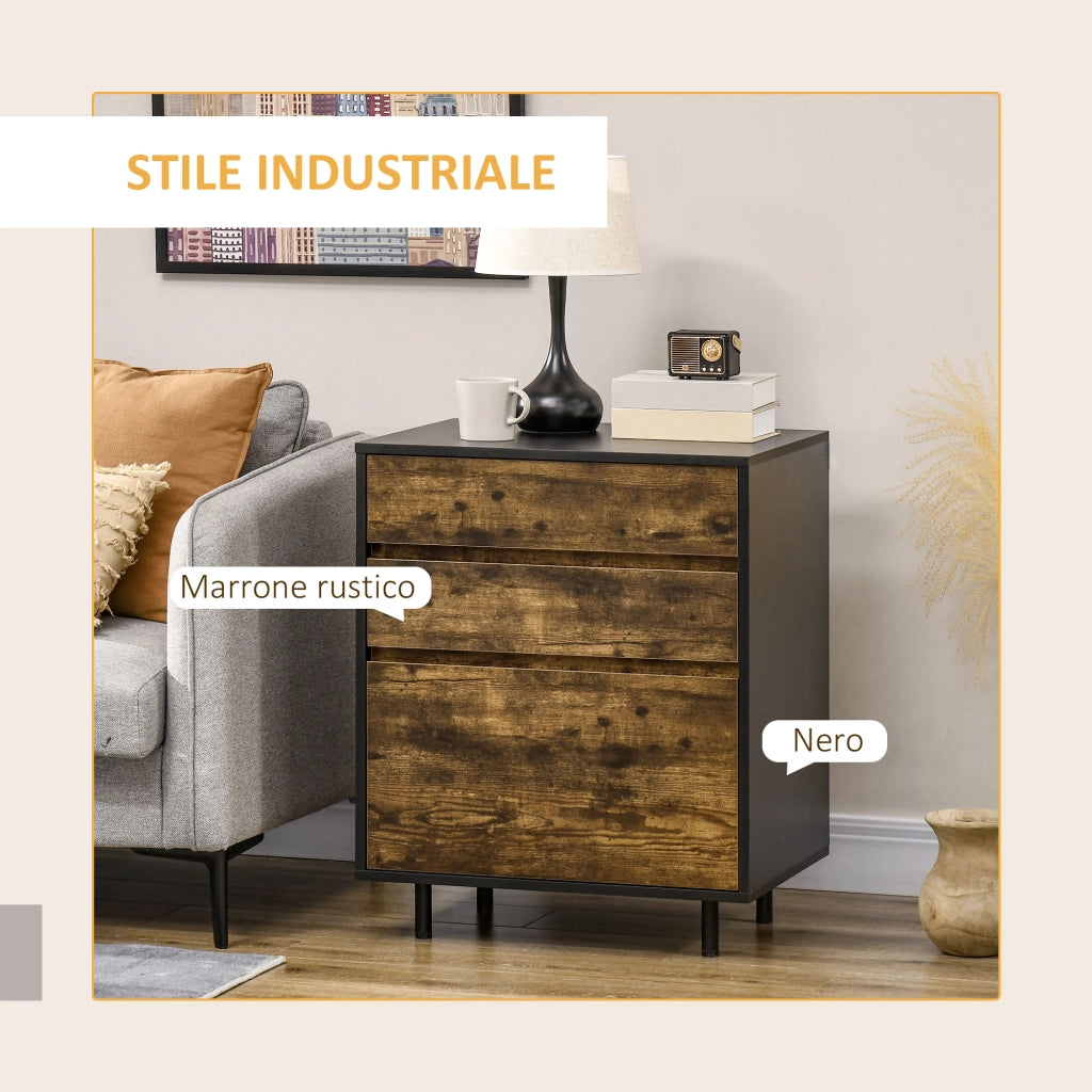 Easycomfort Cassettiera con 3 Cassetti in Truciolato dallo Stile rustico, 60x45x75cm, Marrone e nero