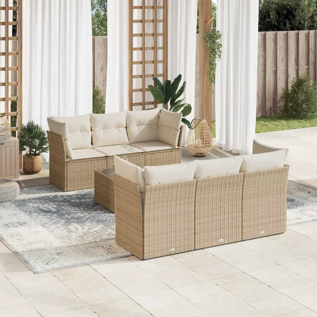 Set Divani da Giardino 7 pz con Cuscini Beige in Polyrattan 3249097