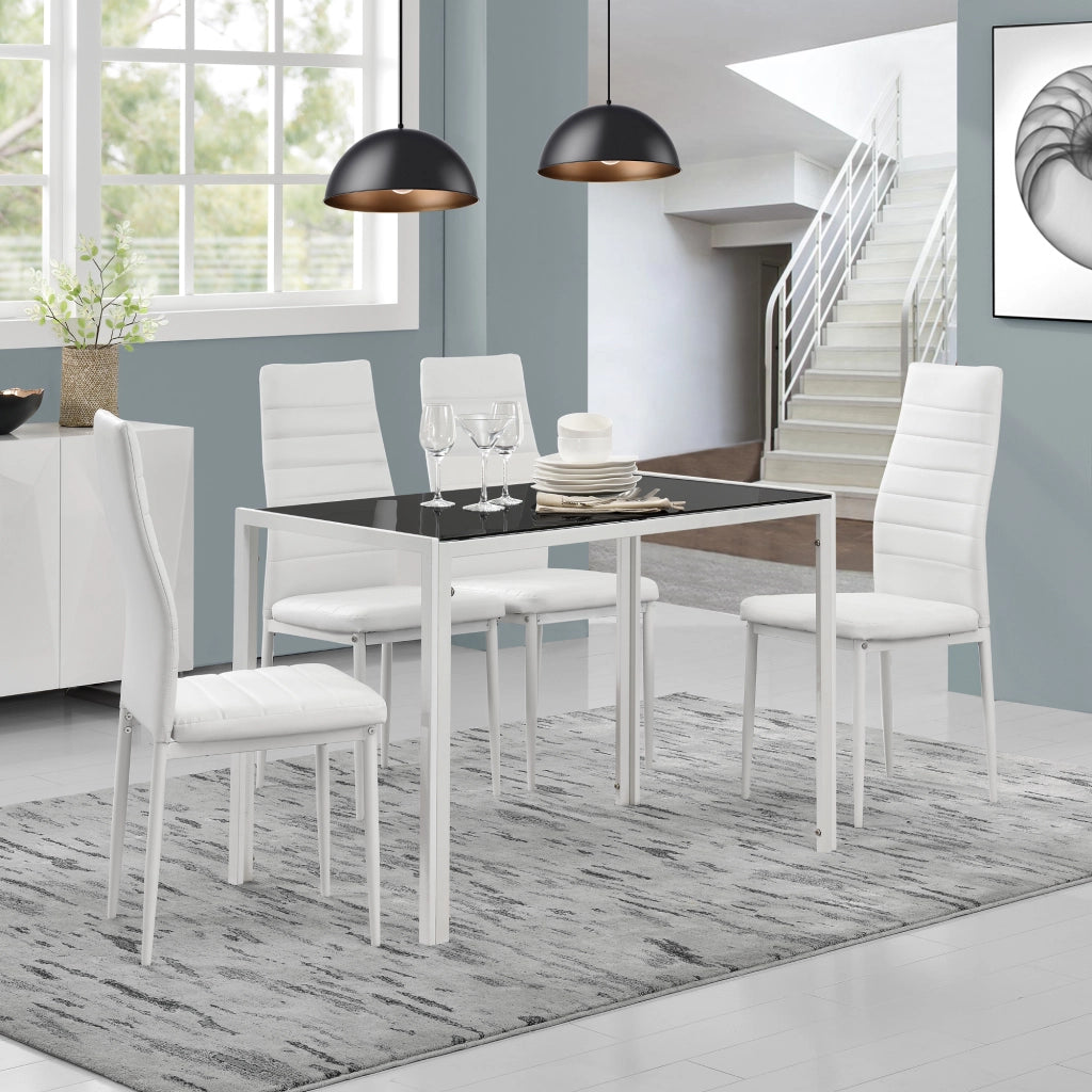 Set Tavolo da Pranzo Bianco-Nero con 4 Sedie Imbottite Schienale Alto Similpelle Bianco [en.casa]