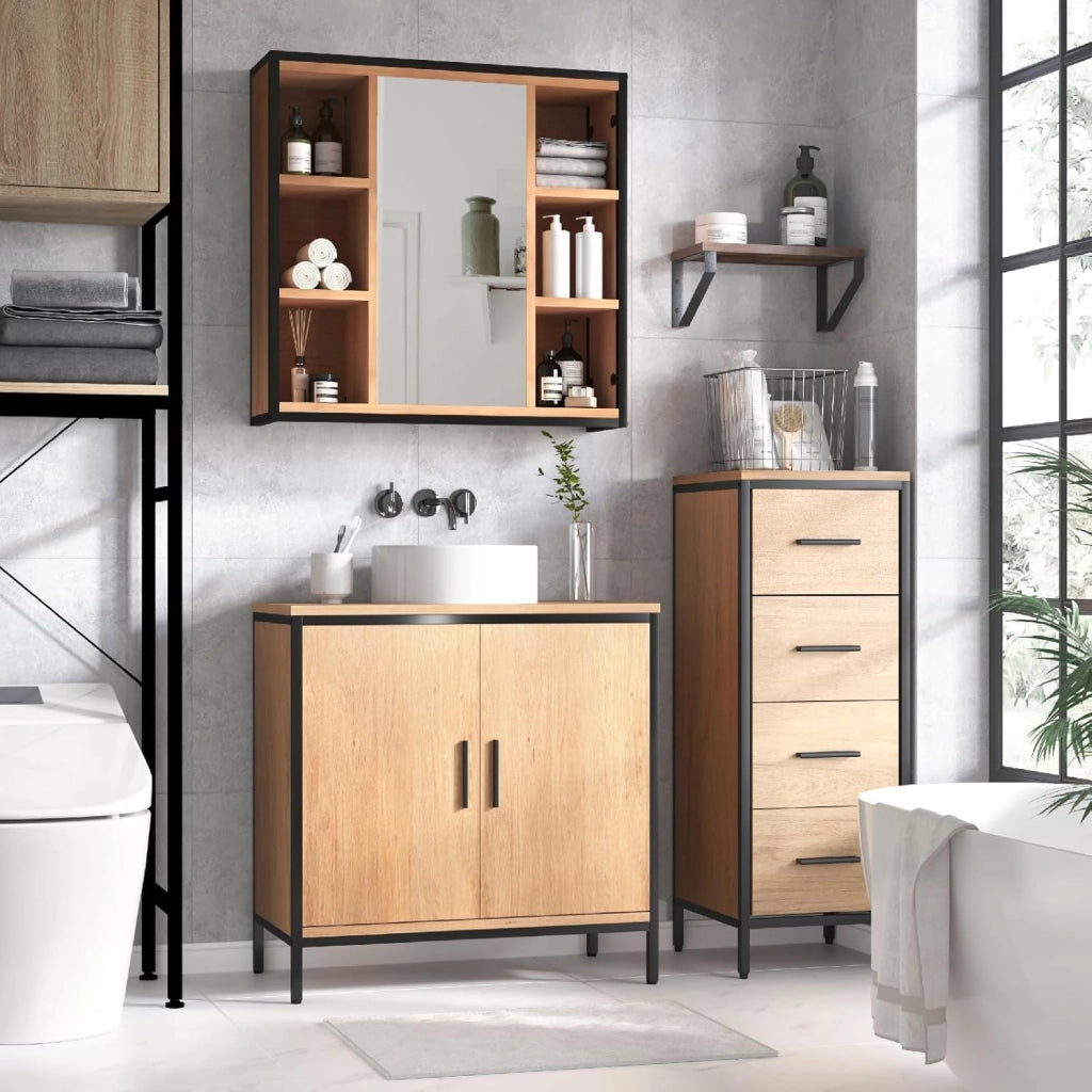 Set di Mobili da Bagno Salvaspazio, Armadietto da Bagno con Specchio, Mobiletto Copricolonna con Ripiano, Rovere Chiaro+Nero