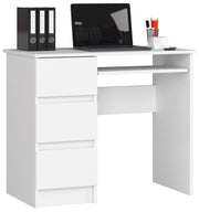 Scrivania per computer AKORD A6 Bianco 90 cm 3 cassetti 90x50x77 cm Modello a sinistra