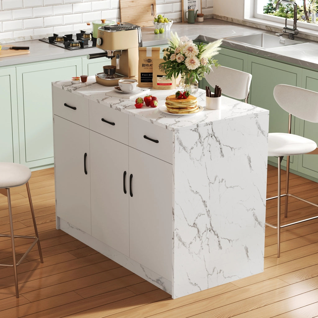 Isola da cucina in MDF effetto marmo bianco 120x60x90,5 cm