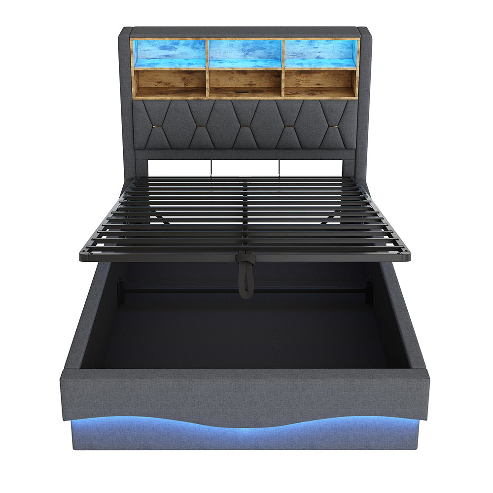 Letto-Xylo-140x200 cm-LED app, USB, metallo, lino grigio