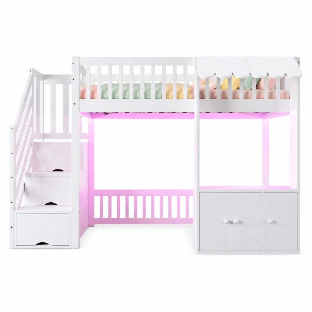 Letto a soppalco singolo 90x200 cm con scala contenitore; spazio di archiviazione e LED multicolore; bianco