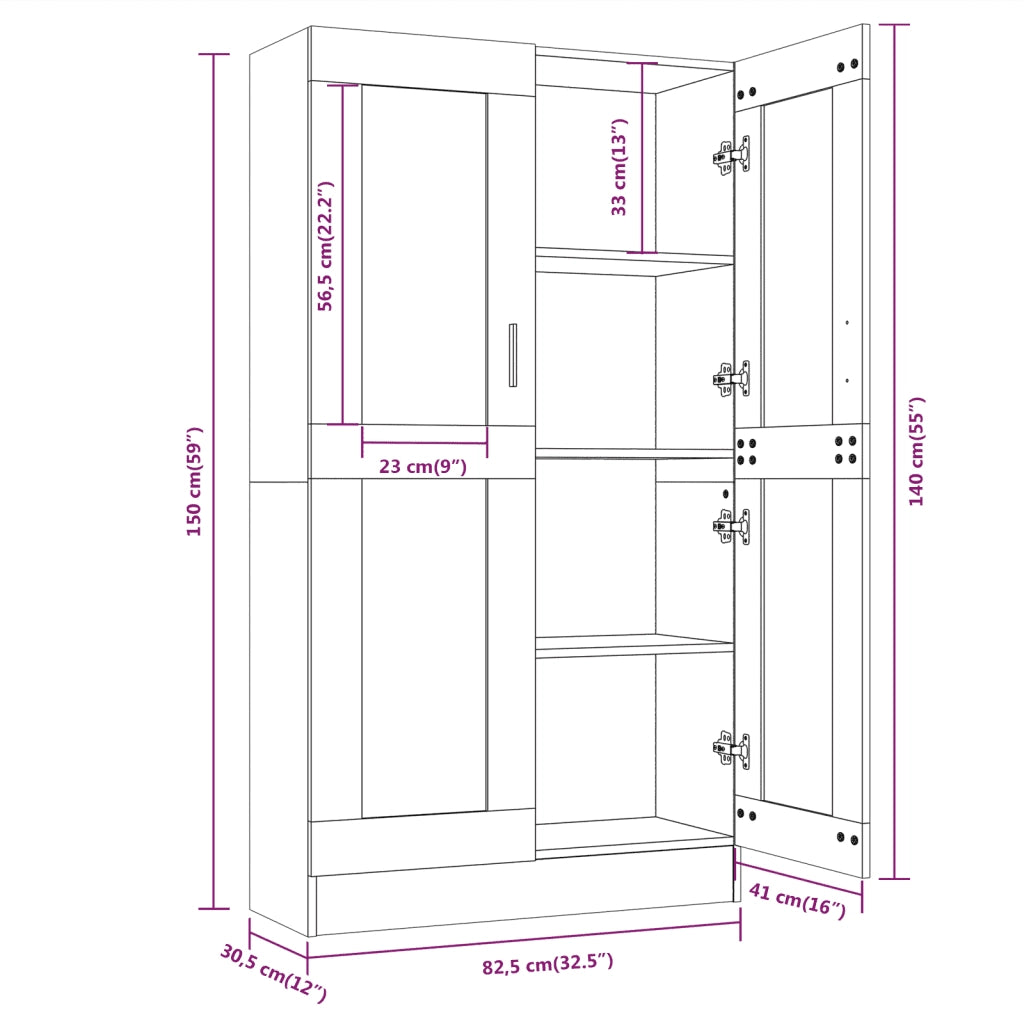 Vetrina in stile classico con 4 scomparti 82,5 x 30,5 x 150 cm realizzata in legno composito finitura rovere affumicato 02_0048144