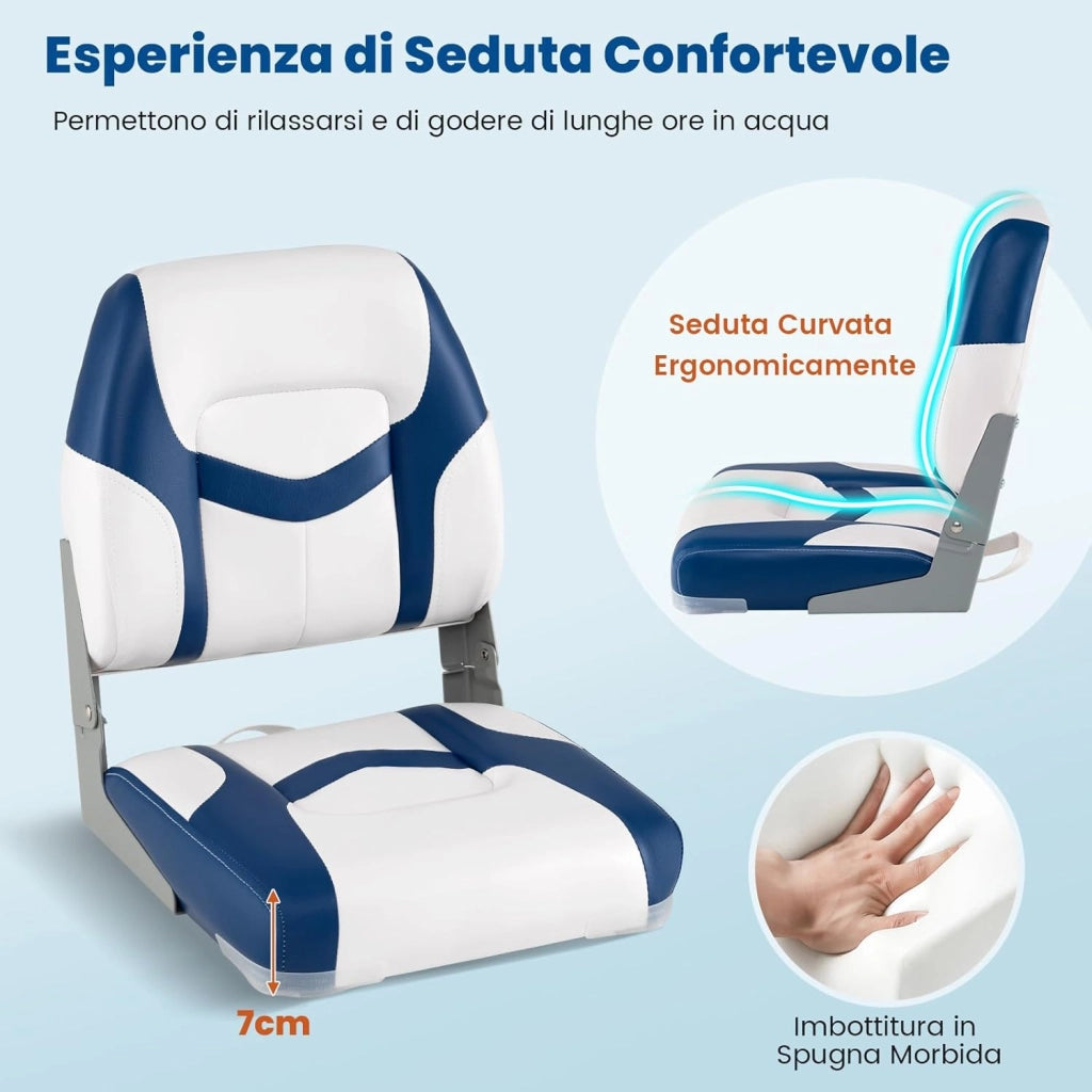 Set di 2 Sedie da Barca, Sedili Alti da Barca Pieghevole Morbide Imbottite Spesse, Sedile Nautica Ergonomico per Imbarcazioni da Pesca, 42 x 49 x 51 cm, Blu e Bianco