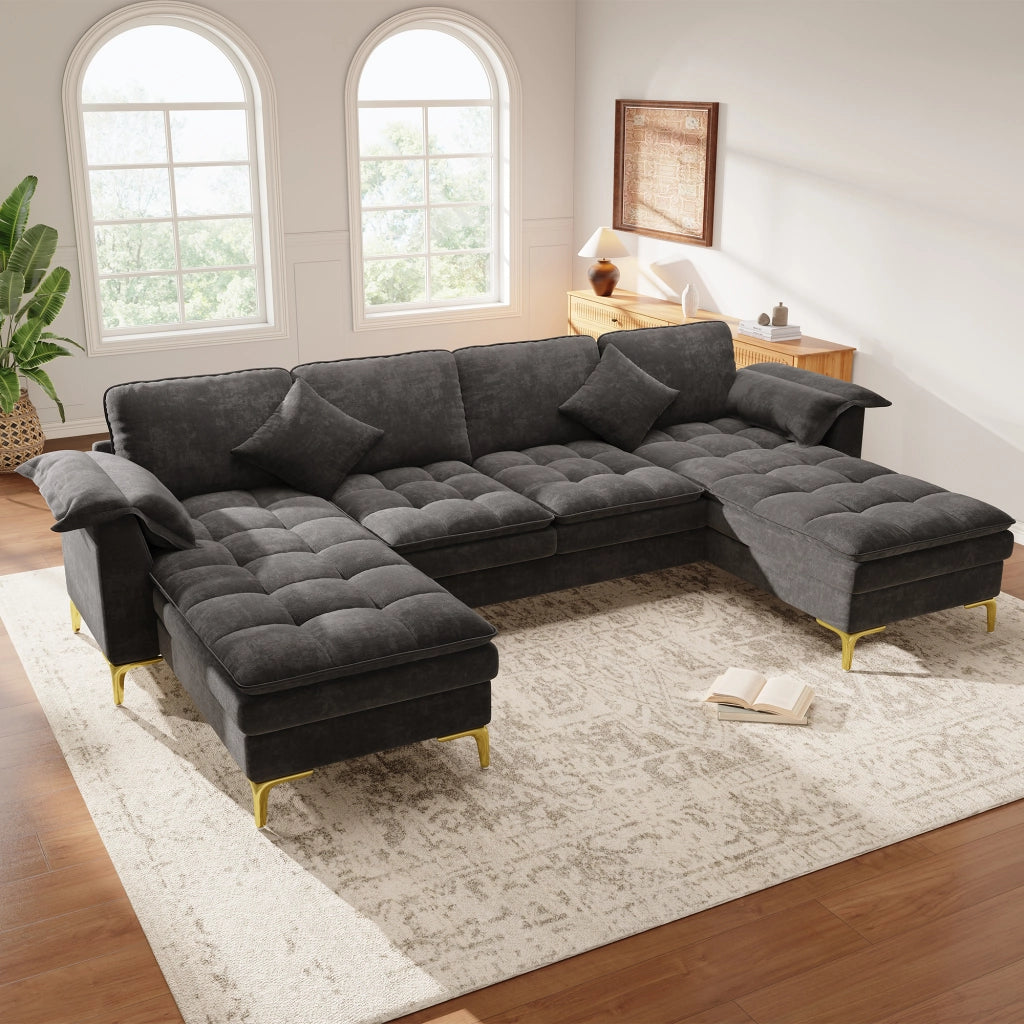 DIVANO angolare a U 4-5 posti 262x134x86 cm Chenille Grigio con 2 cuscini