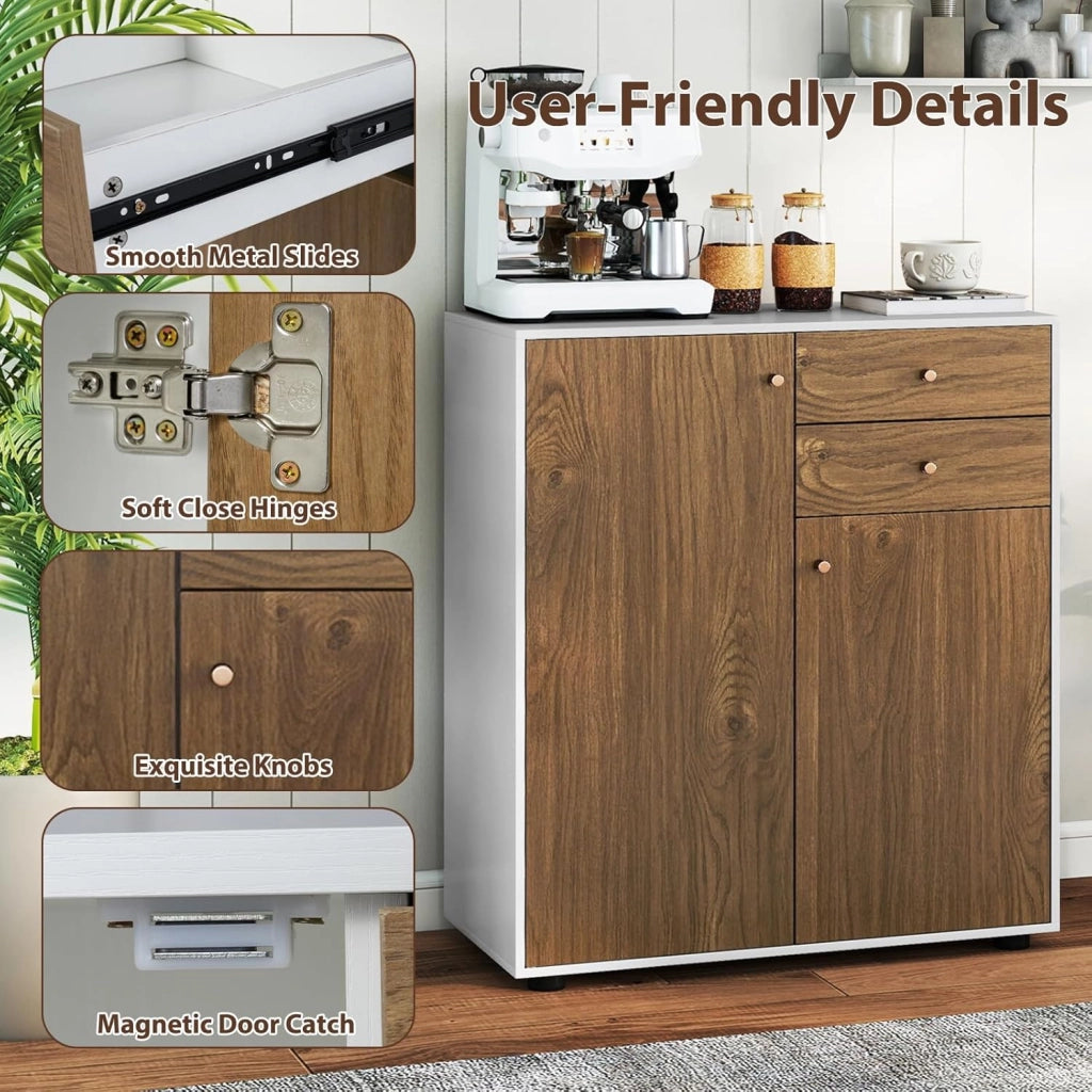 Mobile Dispensa con 2 Cassetti, Credenza da Cucina con 2 Ante, Mobiletto Basso con 3 Ripiani Regolabili, Armadio a Buffet per Sala da Pranzo, Soggiorno, 74x35x85,5 cm(L x P x A) (Naturale)