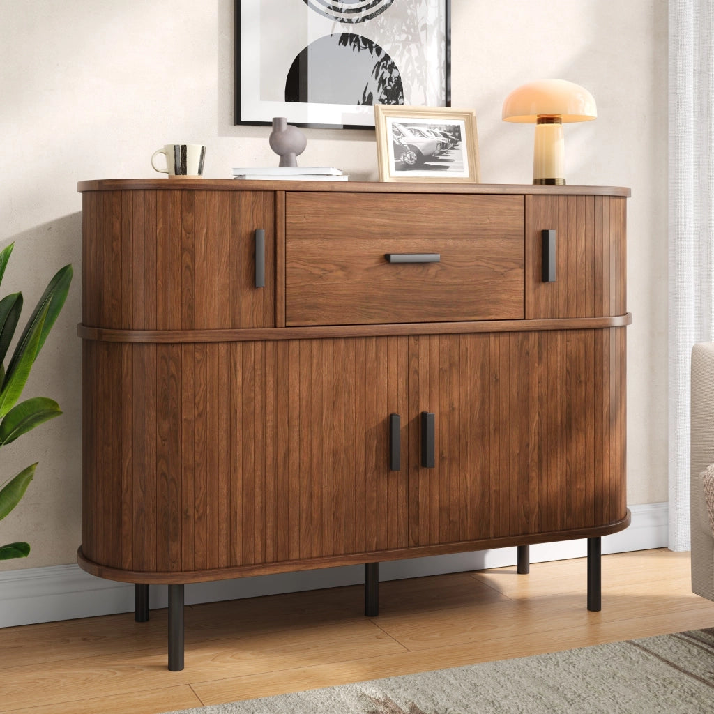 Sideboard a due livelli con ante scorrevoli e cassetto, finitura noce