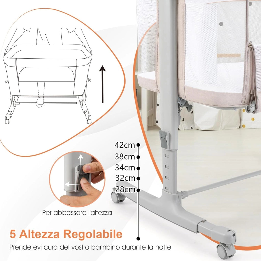 3 in 1 Culla Neonato Fianco Letto, Lettino Neonato Dondolo con Materasso, Culla Co-Sleeping Fino a 9 kg, Altezza Regolabili, 84 x 59,5 x 80,5cm (Beige)
