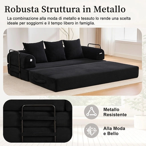 Divano modulare 3 posti 200 cm con struttura in metallo robusta; velluto a coste; nero