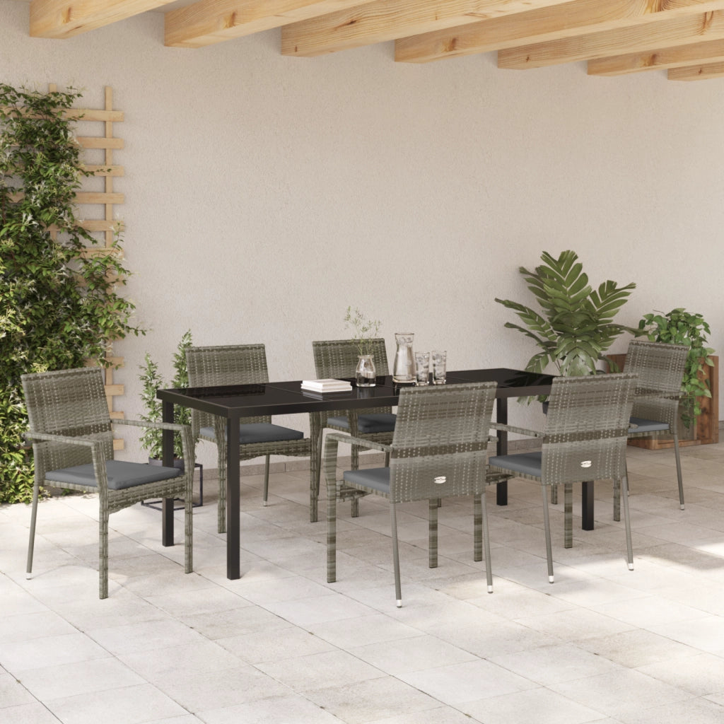 Set da Pranzo da Giardino 7 Pezzi con Cuscini Grigio Polirattan