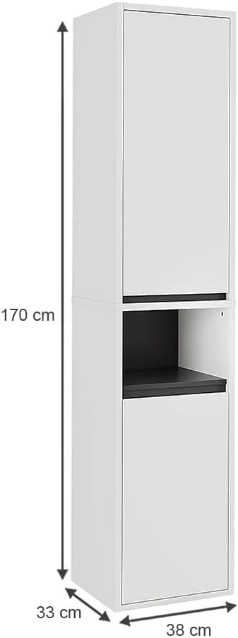 Mobile alto Viola, Bianco/Grigio, 38 x 170 cm con 2 porte, combinabile con la serie Viola per riporre oggetti in bagno