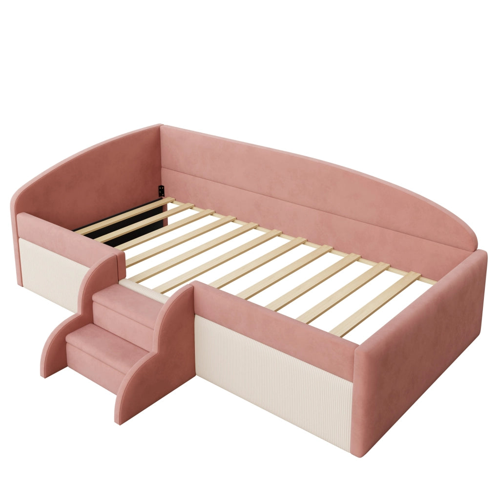 Letto imbottito 90x190 cm con scalini e sponde; velluto rosa e bianco