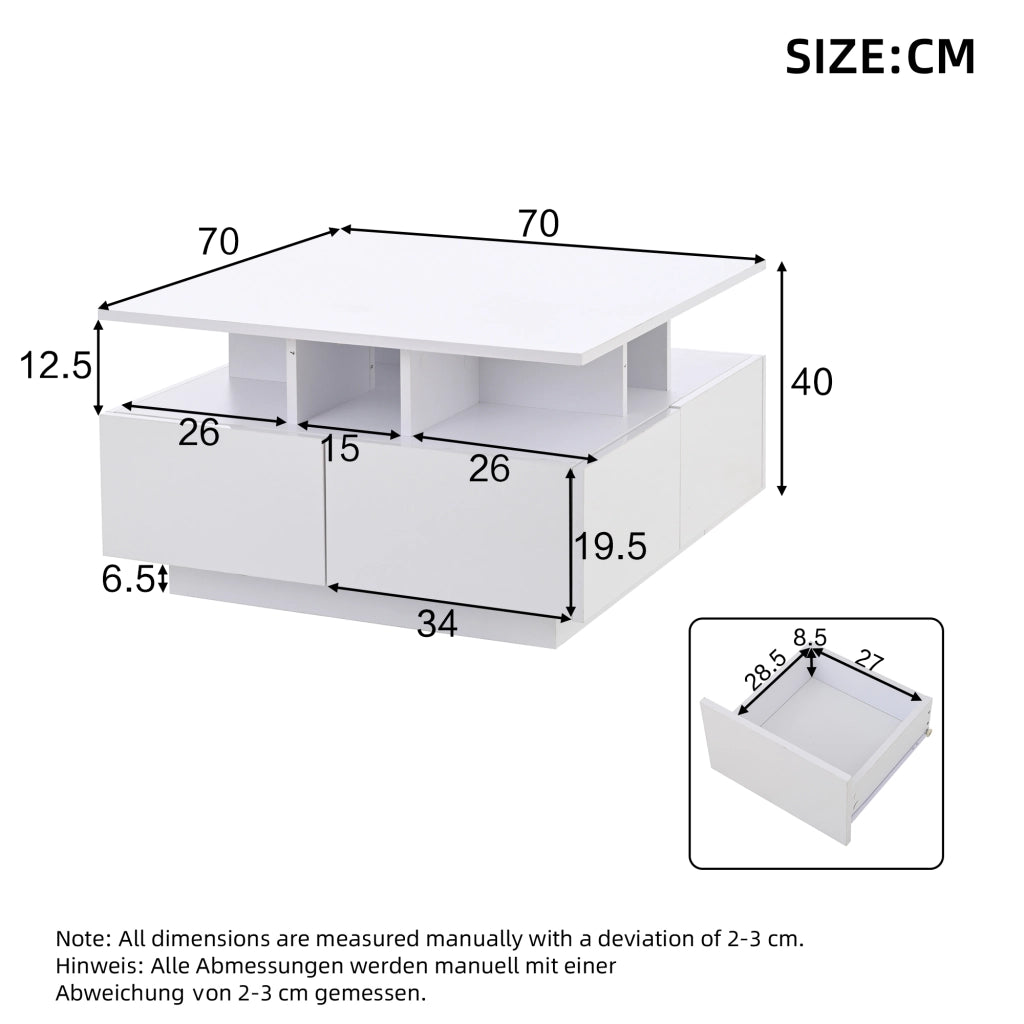 Tavolino da salotto con 4 Cassetti e 1 Vano semiaperto; LED; Finitura Lucida; in Pannelli di particelle; 70 × 70 × 40 cm; Bianco