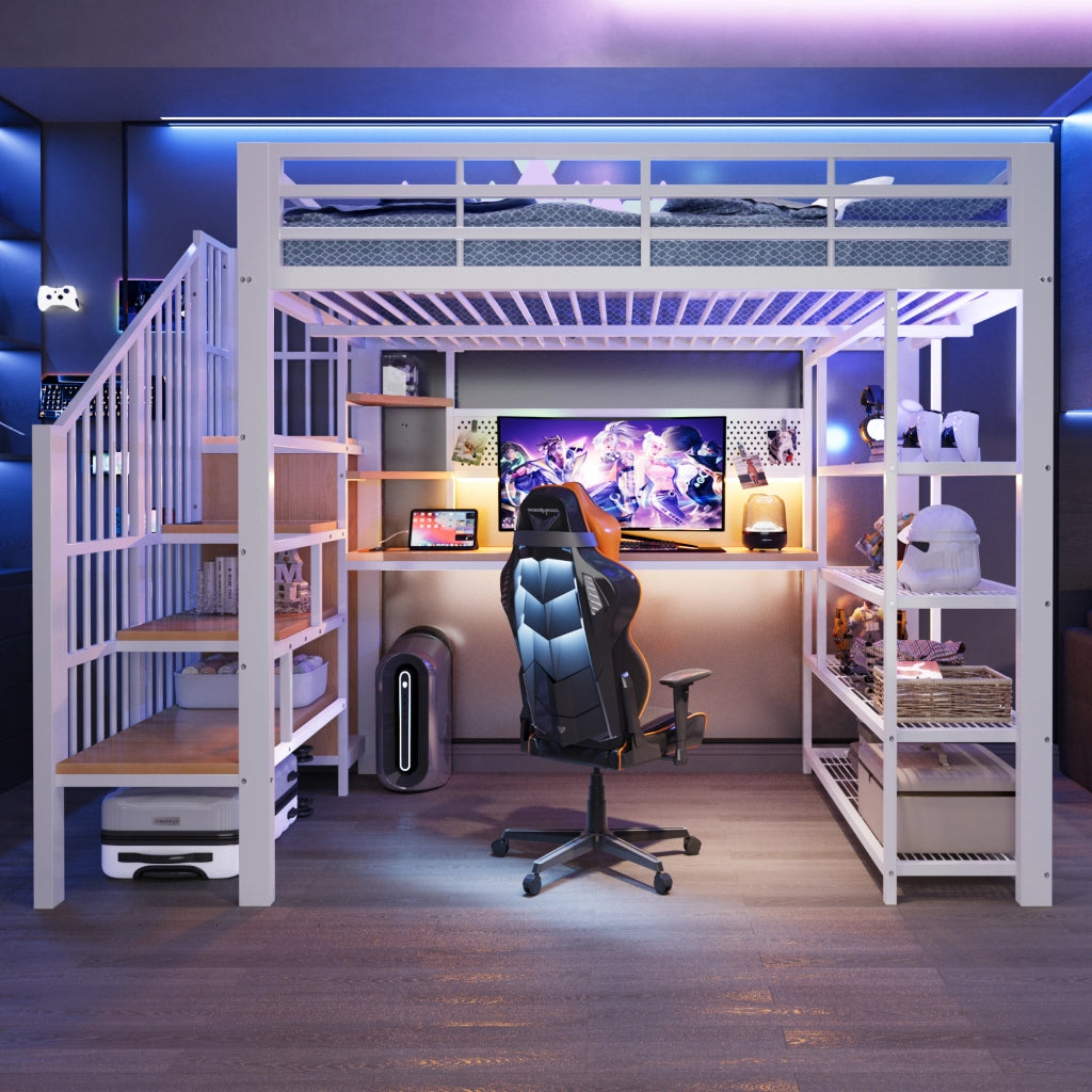 Letto a soppalco 140 × 200 cm con scala contenitore, LED, prese e scrivania, senza materasso, in metallo, bianco