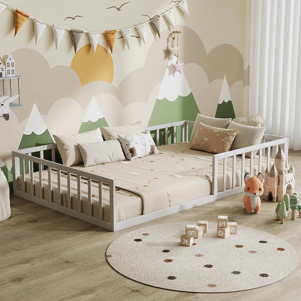 Letto a pavimento Minno 140x200 cm, letto bambini Montessori in metallo con protezione anticaduta e materasso, greige